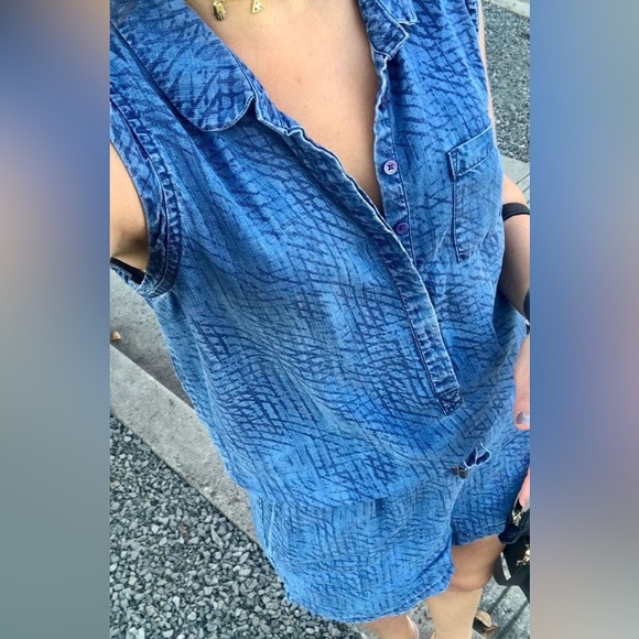 Tart Button-up Chambray Printed Denim Romper With Drawstring Waist Size L - Picture 11 of 15